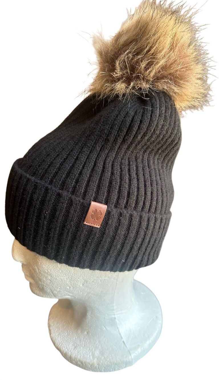 lucky brand black Knit beanie hat Fur Pom Pom
